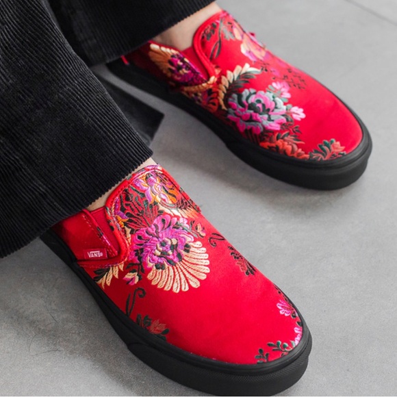Vans Shoes - Vans classic festival slip on red satin Chinese new year women sz 5 1/2 men’s 4